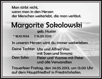Anzeige von Margorite Sokolowski von Schwäbische Zeitung
