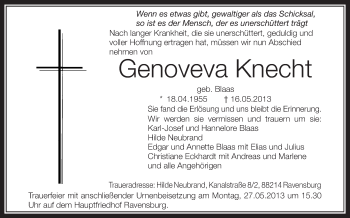 Anzeige von Genoveva Knecht von Schwäbische Zeitung