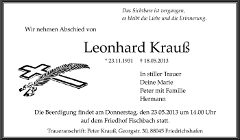 Anzeige von Leonhard Krauß von Schwäbische Zeitung