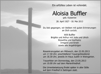 Anzeige von Aloisia Buffler von Schwäbische Zeitung