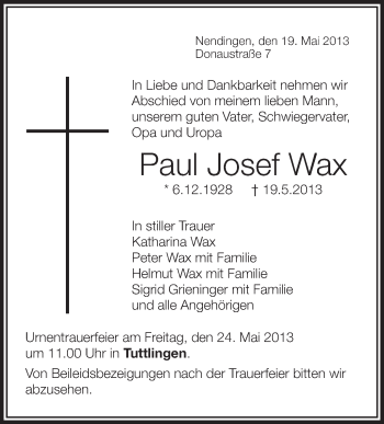 Anzeige von Paul Josef Wax von Schwäbische Zeitung