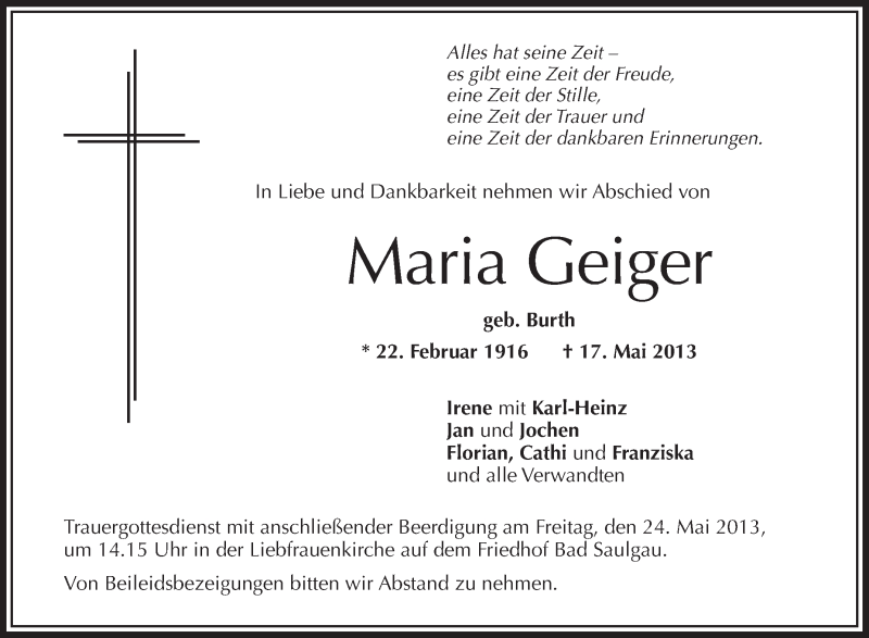 Traueranzeigen von Maria Geiger | schwaebische.de Trauerportal
