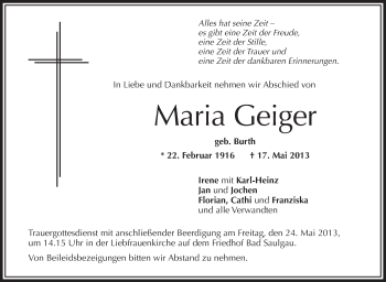 Anzeige von Maria Geiger von Schwäbische Zeitung