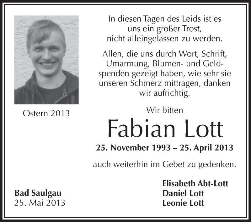  Traueranzeige für Fabian Lott vom 25.05.2013 aus Schwäbische Zeitung