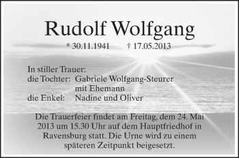 Anzeige von Rudolf Wolfgang von Schwäbische Zeitung