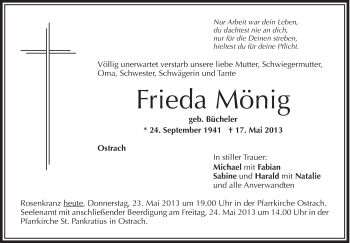 Anzeige von Frieda Mönig von Schwäbische Zeitung