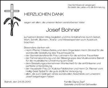 Anzeige von Josef Bohner von Schwäbische Zeitung