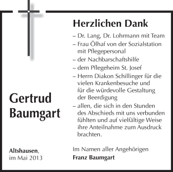 Anzeige von Gertrud Baumgart von Schwäbische Zeitung
