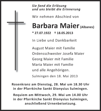 Anzeige von Barbara Maier von Schwäbische Zeitung