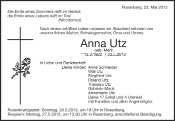 Anzeige von Anna Utz von Schwäbische Zeitung