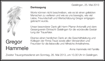 Anzeige von Gregor Hammele von Schwäbische Zeitung