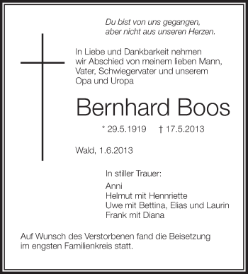Anzeige von Bernhard Boos von Schwäbische Zeitung
