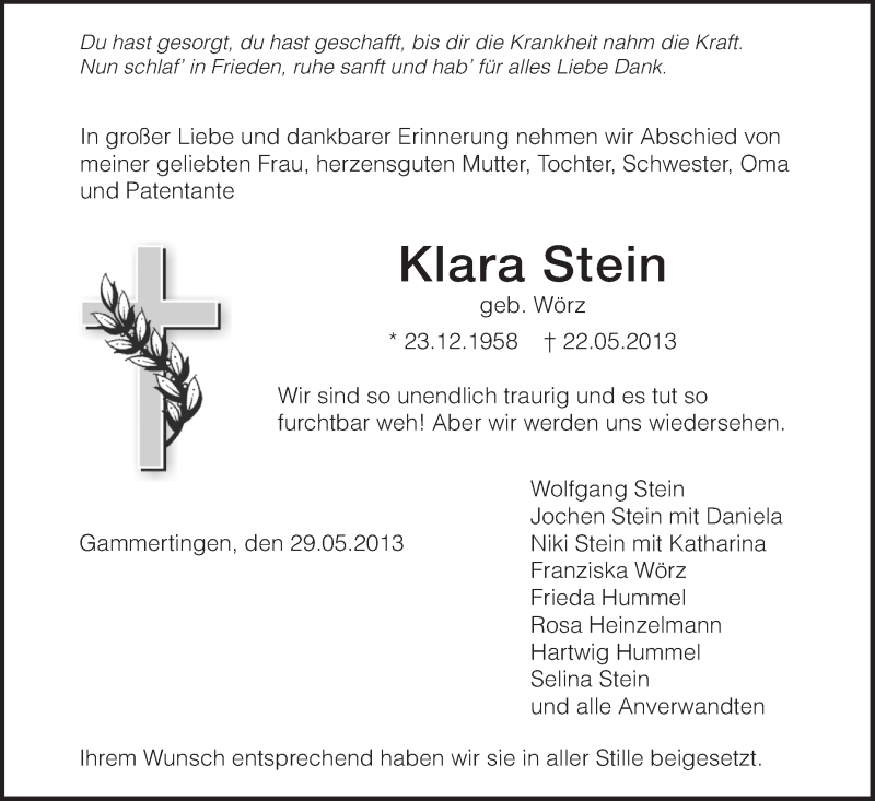  Traueranzeige für Klara Stein vom 29.05.2013 aus Schwäbische Zeitung