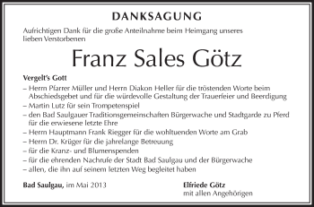 Anzeige von Franz Sales Götz von Schwäbische Zeitung