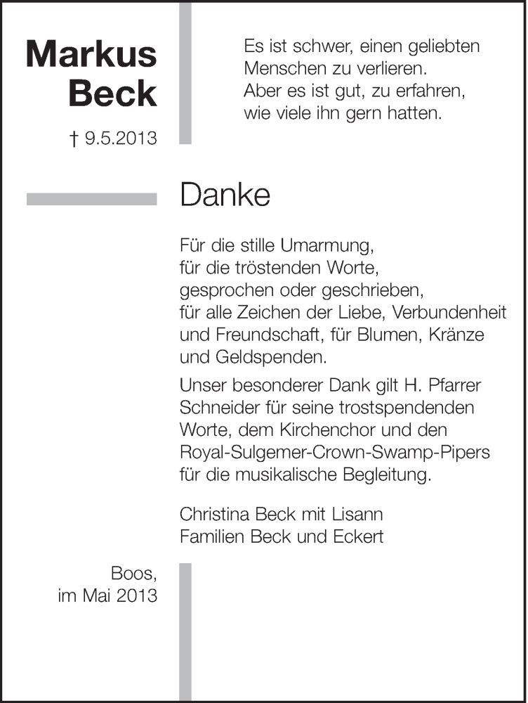  Traueranzeige für Markus Beck vom 01.06.2013 aus Schwäbische Zeitung