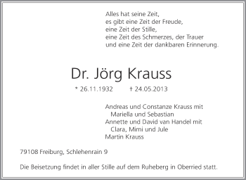 Anzeige von Jörg Krauss von Schwäbische Zeitung