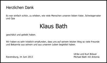Anzeige von Klaus Bath von Schwäbische Zeitung