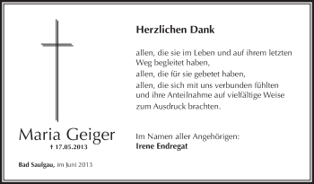 Anzeige von Maria Geiger von Schwäbische Zeitung