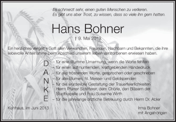 Anzeige von Hans Bohner von Schwäbische Zeitung