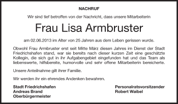 Anzeige von Lisa Armbruster von Schwäbische Zeitung