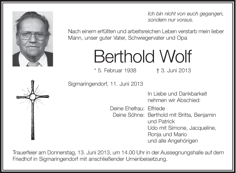  Traueranzeige für Berthold Wolf vom 11.06.2013 aus Schwäbische Zeitung