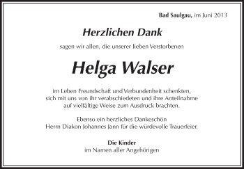 Anzeige von Helga Walser von Schwäbische Zeitung