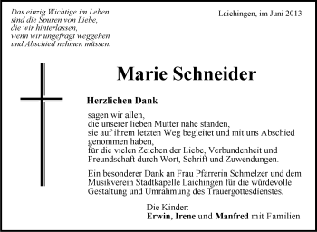 Anzeige von Marie Schneider von Schwäbische Zeitung