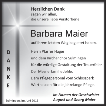 Anzeige von Barbara Maier von Schwäbische Zeitung