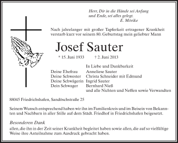 Anzeige von Josef Sauter von Schwäbische Zeitung