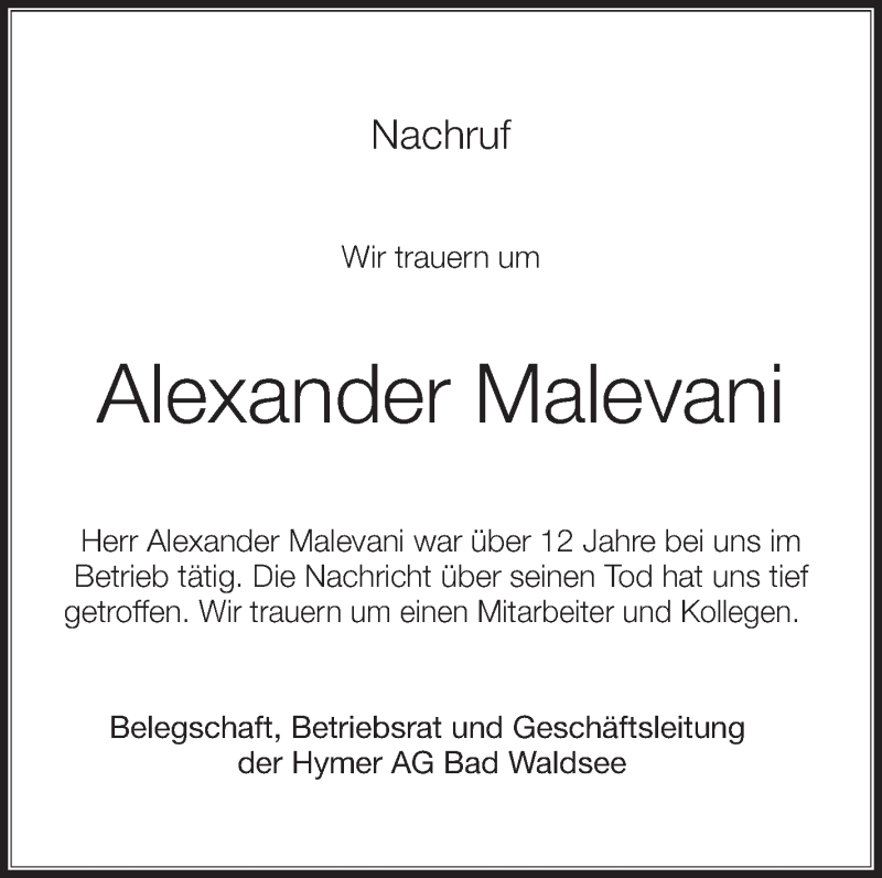  Traueranzeige für Alexander Malevani vom 12.06.2013 aus Schwäbische Zeitung