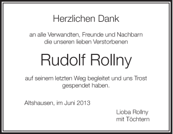 Anzeige von Rudolf Rollny von Schwäbische Zeitung