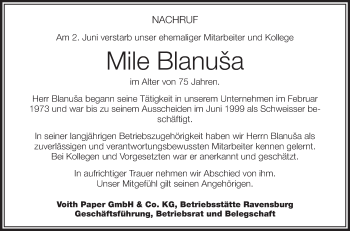 Anzeige von Mile Blanuša von Schwäbische Zeitung
