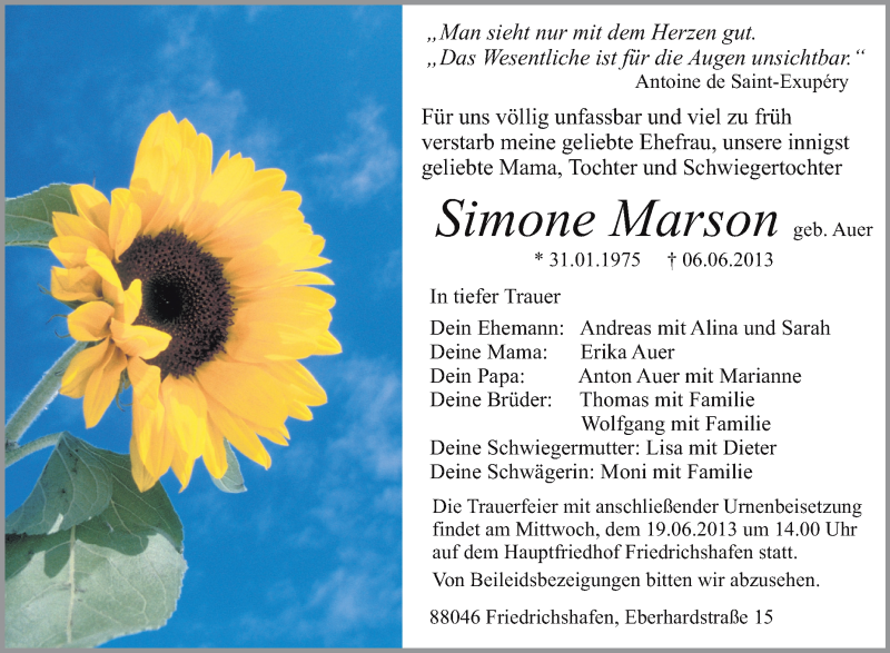  Traueranzeige für Simone Marson vom 15.06.2013 aus Schwäbische Zeitung