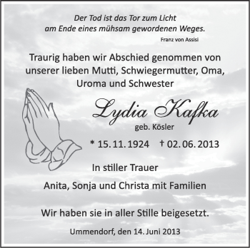 Anzeige von Lydia Kafka von Schwäbische Zeitung