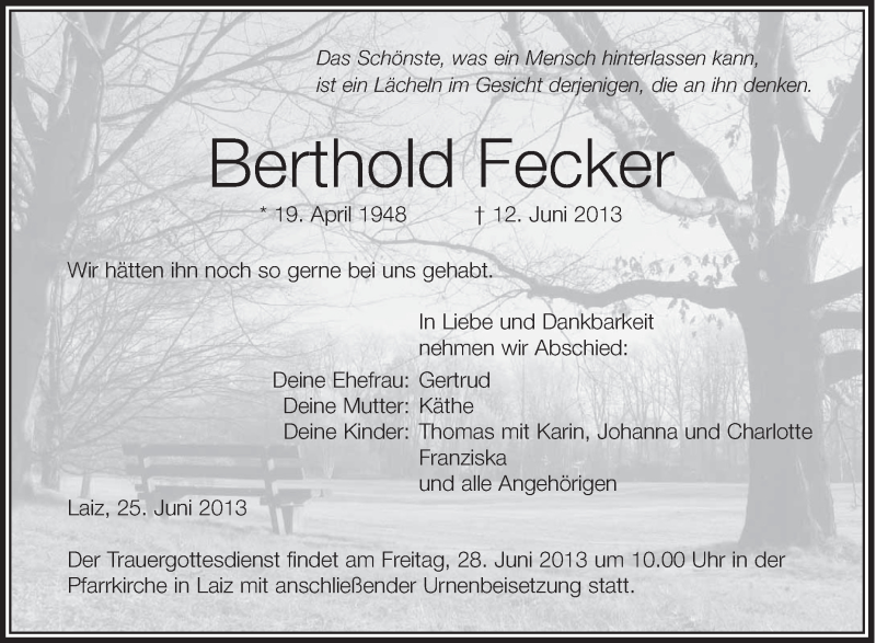  Traueranzeige für Berthold Fecker vom 25.06.2013 aus Schwäbische Zeitung