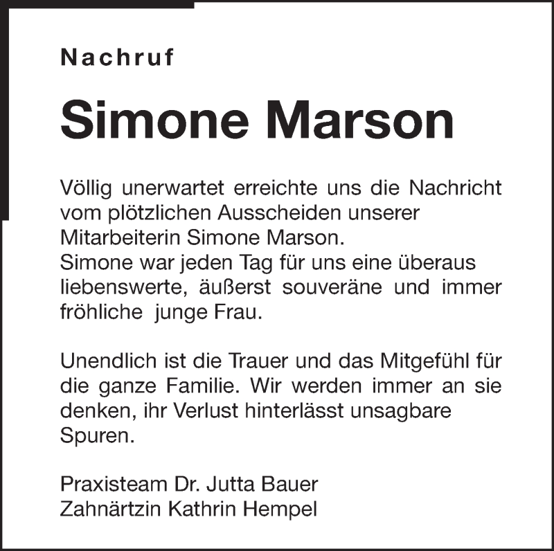  Traueranzeige für Simone Marson vom 18.06.2013 aus Schwäbische Zeitung