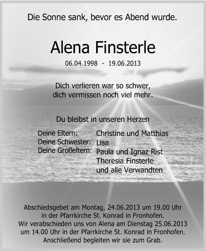  Traueranzeige für Alena Finsterle vom 22.06.2013 aus Schwäbische Zeitung