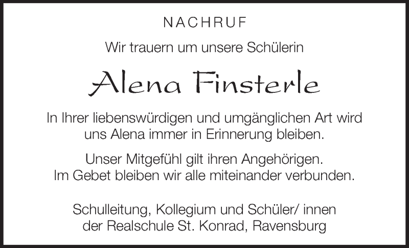 Traueranzeige für Alena Finsterle vom 25.06.2013 aus Schwäbische Zeitung