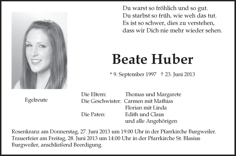  Traueranzeige für Beate Huber vom 26.06.2013 aus Schwäbische Zeitung