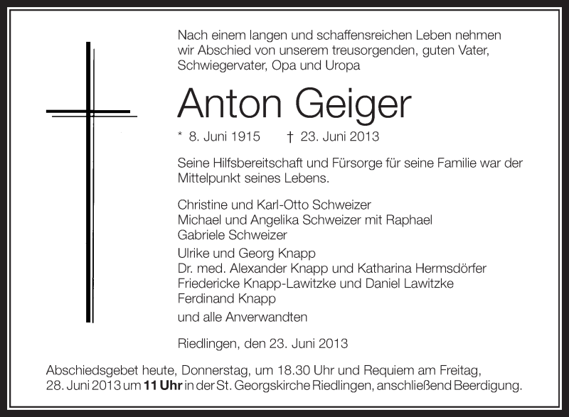  Traueranzeige für Anton Geiger vom 27.06.2013 aus Schwäbische Zeitung