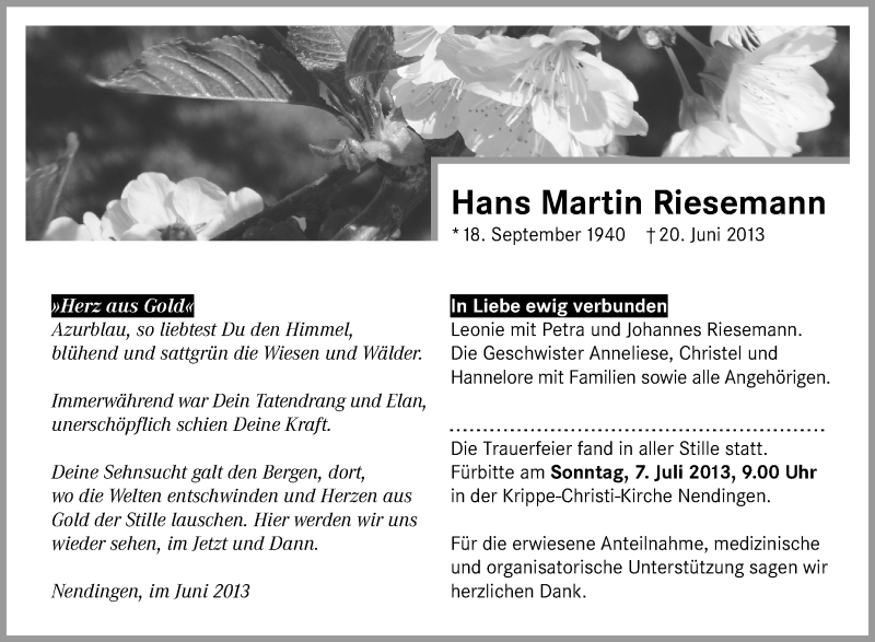  Traueranzeige für Hans Martin Riesemann vom 28.06.2013 aus Schwäbische Zeitung