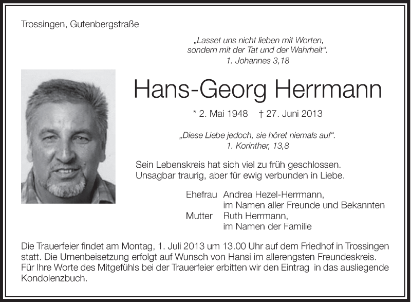  Traueranzeige für Hans-Georg , 'HANSI' Herrmann vom 29.06.2013 aus Schwäbische Zeitung