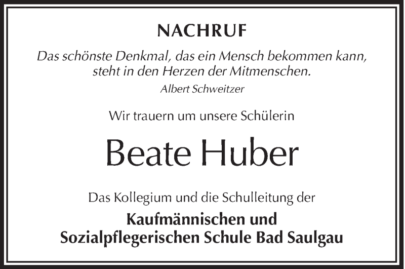  Traueranzeige für Beate Huber vom 29.06.2013 aus Schwäbische Zeitung