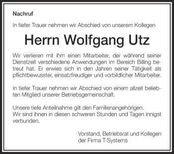 Anzeige von Wolfgang Utz von Schwäbische Zeitung