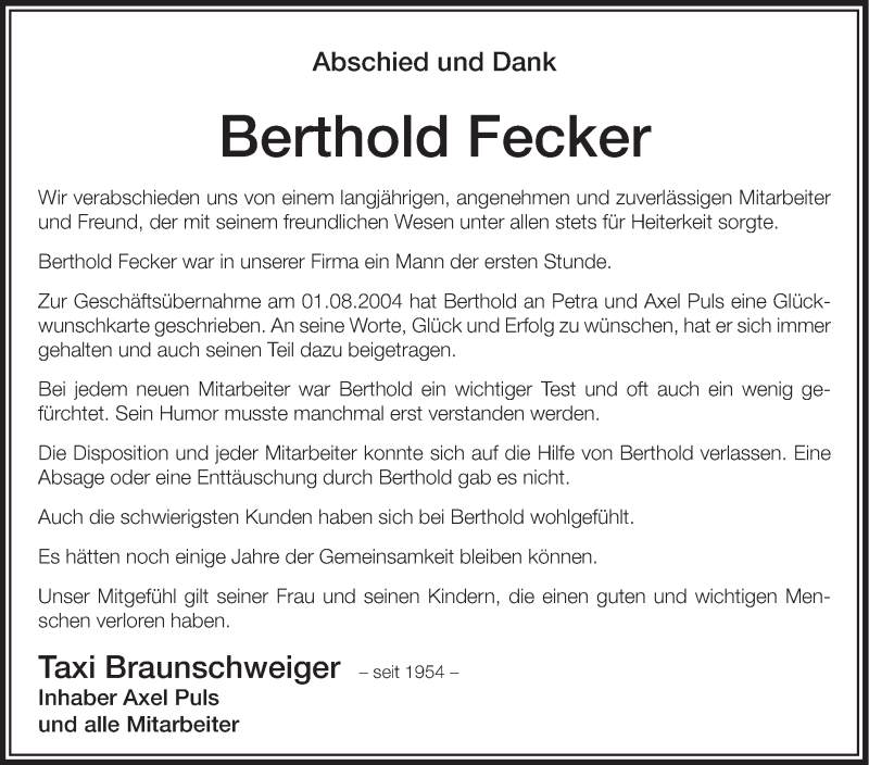  Traueranzeige für Berthold Fecker vom 06.07.2013 aus Schwäbische Zeitung
