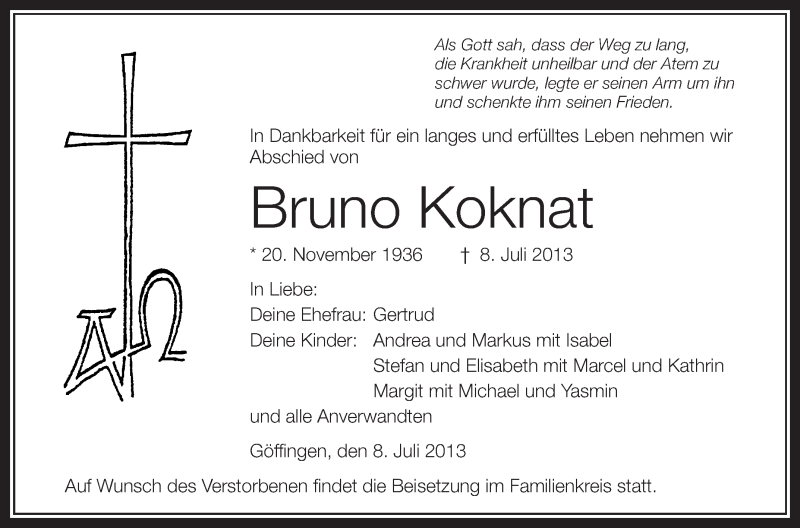  Traueranzeige für Bruno Koknat vom 10.07.2013 aus Schwäbische Zeitung