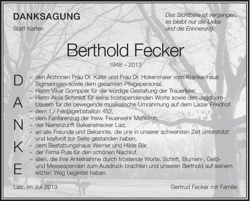  Traueranzeige für Berthold Fecker vom 13.07.2013 aus Schwäbische Zeitung