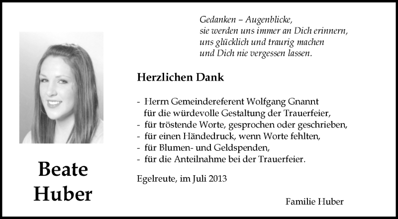  Traueranzeige für Beate Huber vom 13.07.2013 aus Schwäbische Zeitung