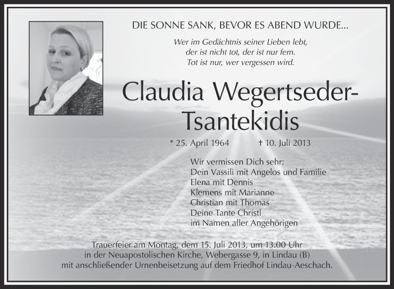  Traueranzeige für Claudia Wegertseder-Tsantekidis vom 13.07.2013 aus Schwäbische Zeitung