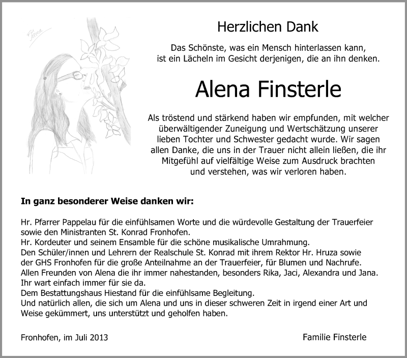 Traueranzeige für Alena Finsterle vom 13.07.2013 aus Schwäbische Zeitung